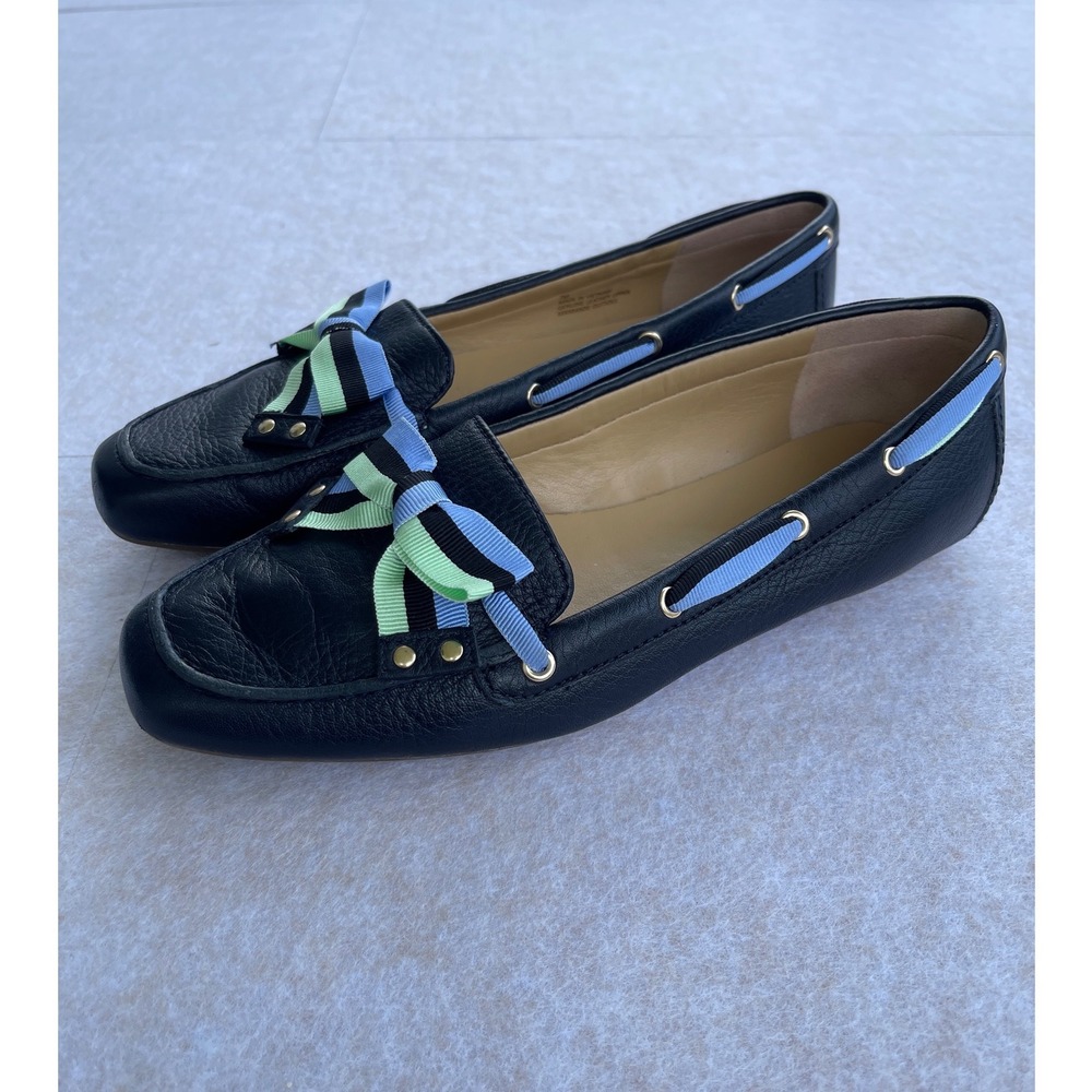 Talbots Womens 7M Navy Blue Leather Driving Loafers Striped Bow Flats